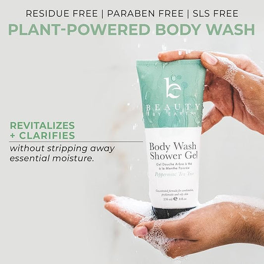 Beauty by Earth Peppermint Tea Tree Oil Shower Gel Body Wash - Made in USA with Organic & Natural Ingredients, Mens Body Soap Liquid, Moisturizing Cleansing Gel for Men & Women, Non Toxic Body Wash
