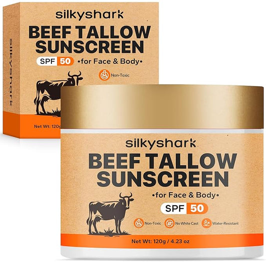 Beef Tallow Sunscreen (4.2 Oz), Tallow Sun Screen Waterproof, Reef Safe Sunscreen SPF 50, Travel Size Moisturizing Sunblock for Face & Body, Natural SunScreens, Non-Greasy & Fragrance-Free