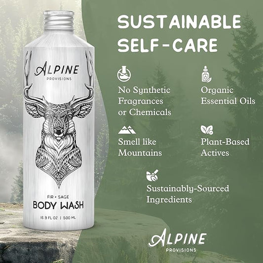 Alpine Provisions Natural Fir & Sage Body Wash – Refreshing & Moisturizing with Essential Oils, Aloe Vera & Coconut Oil – Vegan, Sulfate-Free, Plastic-Free Aluminum Bottle – 16.9 FL Oz