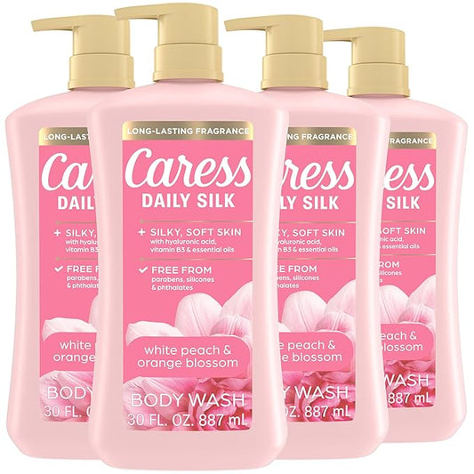 Caress Body Wash With Pump Daily Silk White Peach & Orange Blossom Body Soap for Noticeably Silky, Soft Skin 30 fl oz, 4 Pack