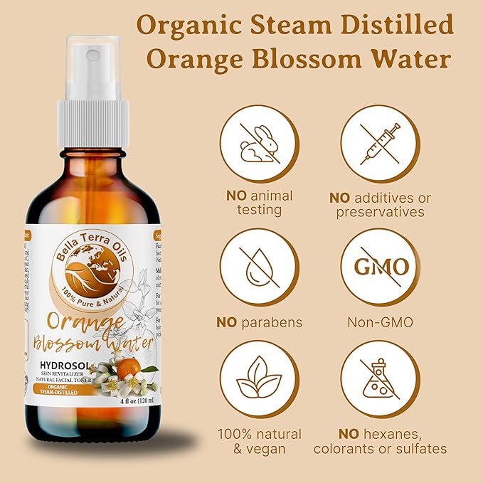 Bella Terra Oils - Organic Neroli Water 16oz - Refreshing Orange Blossom Mist, Naturally Distilled & Rich in Botanical Essence
