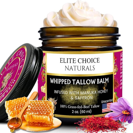 Whipped Tallow Balm with Raw Manuka Honey – Fragrance-Free & Essential Oil-Free, Anti-Aging Face, Neck & Décolleté Cream – Boosts Collagen, Reduces Wrinkles, Fine Lines, Puffiness & Sunburn (2 oz)