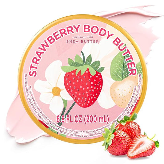 Strawberry Body Butter, Natural Body Butter for Men Women Smell Good, Strawberry Scented Shea Butter Body Cream, Body Moisturizer for Dry Skin 6.8 floz