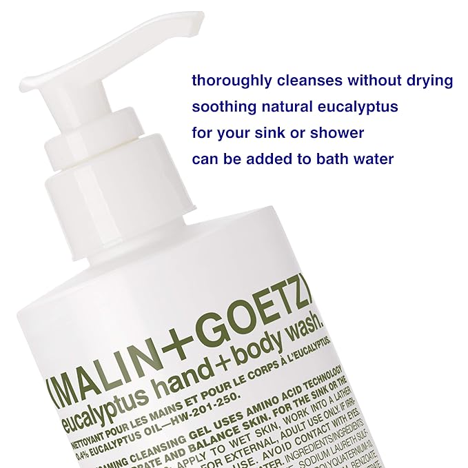 MALIN+GOETZ Eucalyptus Hand + Body Wash – natural hydrating soap,cleansing and purifying for all skin types, prevents stripping or irritation on sensitive skin. Cruelty-free. 8.5 fl oz