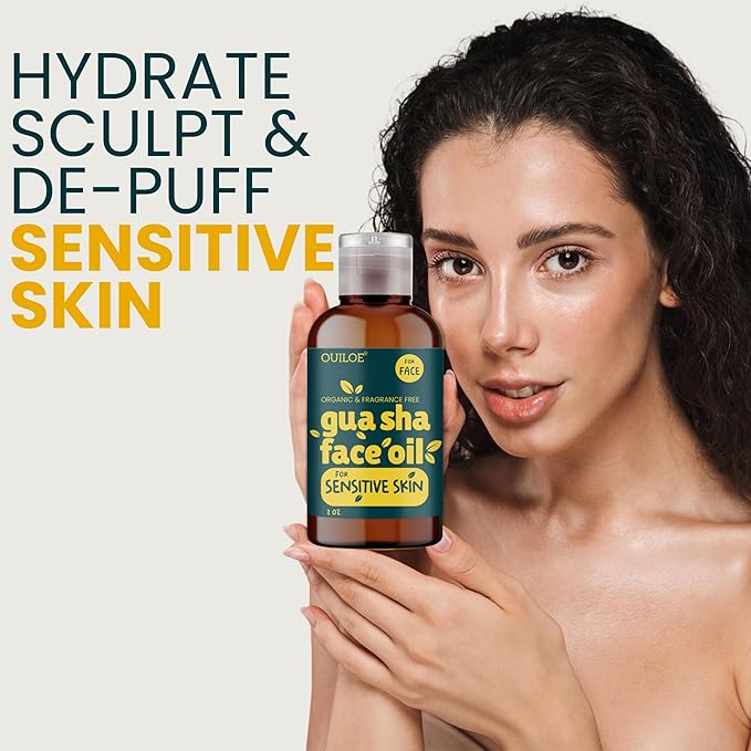 Guasha Oil for Sensitive Skin - Face Oil for Gua Sha Lymphatic Massage - Safe for Acne Prone Skin - Non Comedogenic, Fragrance Free, Organic, Natural & Non Greasy - Use with Gua Sha Facial Tools, 2oz