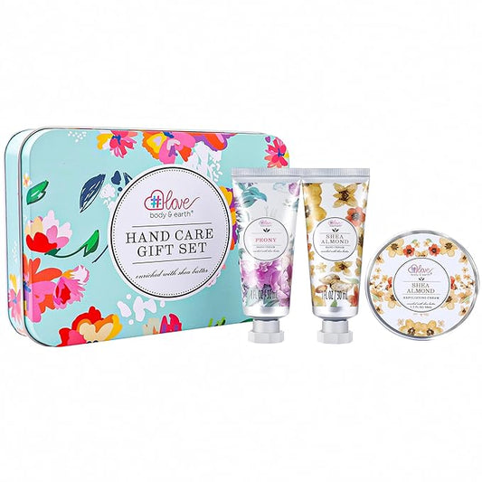 BODY & EARTH # LOVE Hand Cream Gift Set for Women, Hand Lotion Gift for Mothers Day, Travel Size Lotion, Repair & Moisture Dry Hands, 2 Hand Cream & Exfoliating Cream, Skin Care Birthday Gift for Her