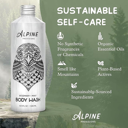 Alpine Provisions Earthy Rosemary + Mint Body Wash – Nutrient-Rich with Chamomile & White Tea Extracts – Vegan, Sulfate-Free, Plastic-Free Packaging – 16.9 fl oz