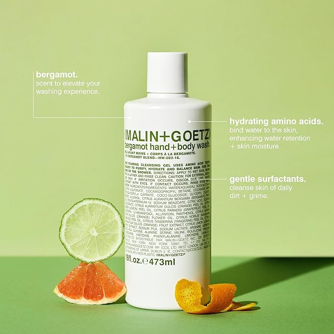 Malin + Goetz Essential Bergamot Purifying, Hydrating Hand + Body Wash, Natural Ingredients for All Skin Types, Soap for Sensitive, Dry Skin, No Stripping, Irritation, 16 Fl Oz