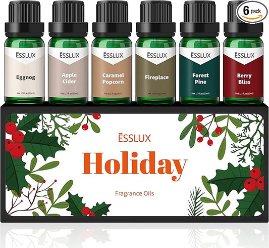 Fragrance Oil, ESSLUX Holiday Set of Scented Oils, Soap & Candle Making Scents, Christmas Essential Oils Gift Set for Home Diffuser, Apple Cider, Forest Pine, Eggnog, Berry Bliss and More