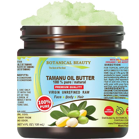 Botanical Beauty TAMANU OIL BUTTER RAW 100% Pure Natural VIRGIN UNREFINED Cold-Pressed Carrier for Face, Skin, Body, Hair, Lip, Nails. Rich in Vitamin E (4 Fl Oz)
