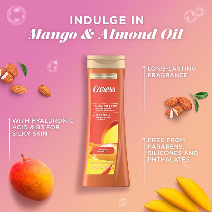 Caress Body Wash Mango & Almond Oil For Smooth And Rejuvenated Skin Body Soap 20 fl oz, Pack of 4