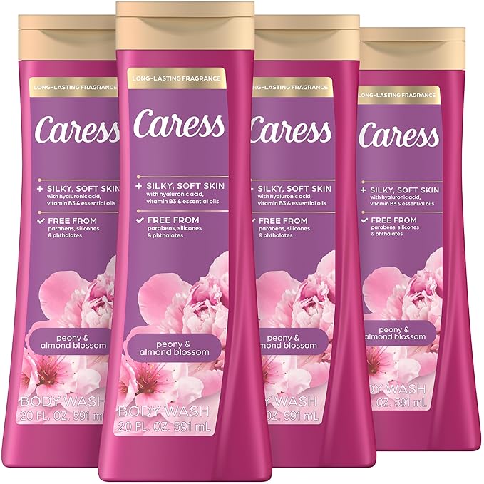 Caress Moisturizing Peony & Almond Blossom Body Wash For Fresh, Smooth Skin Body Soap To Soothe & Unwind 20 fl oz, Pack of 4