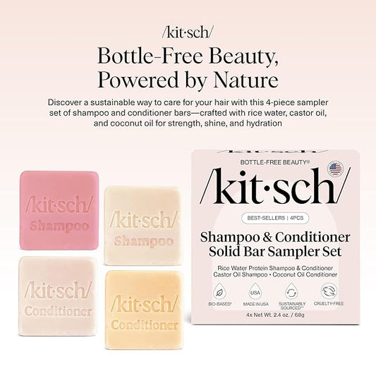 Kitsch Shampoo and Conditioner Set - 4pc Sampler Bars with Rice Water Shampoo and Conditioner, Castor Oil Shampoo & Coconut Oil Conditioner - Bottle-Free Beauty for Hair Growth, Repair & Moisture