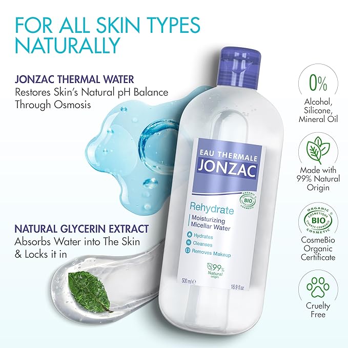 99% Organic Micellar Water - Natural Eye & Face Makeup Remover - Hydrating With Thermal Spring Water - For Sensitive Skin - Non-Toxic - Agua Micelar Orgánica - 16.9 Fl Oz