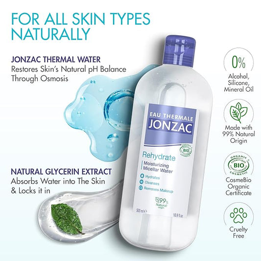 99% Organic Micellar Water - Natural Eye & Face Makeup Remover - Hydrating With Thermal Spring Water - For Sensitive Skin - Non-Toxic - Agua Micelar Orgánica - 16.9 Fl Oz