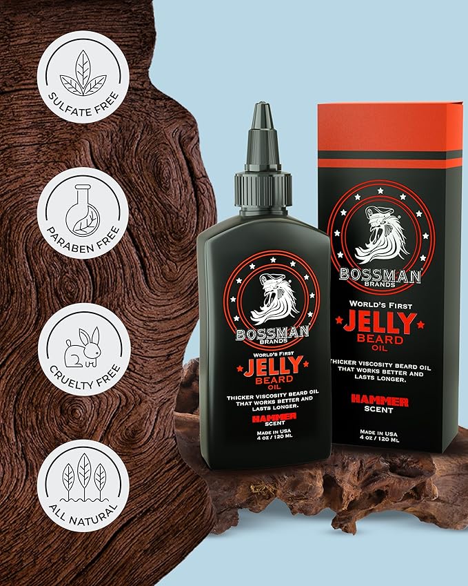 Bossman Jelly Beard Oil for Men (4 oz, Hammer Scent) – Softens, Moisturizes & Conditions with Natural Ingredients