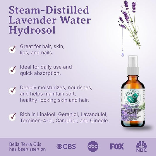 Bella Terra Oils Premium Lavender Water Hydrosol – 1 gallon, Steam Distilled, Refreshing Skin Tonic, Soothing Aroma, Hydrating for Skin