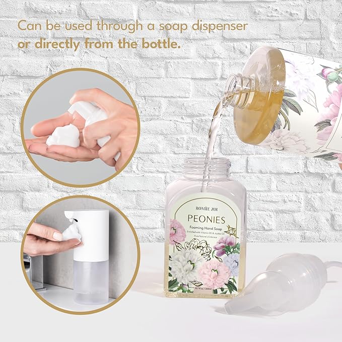Foaming Hand Soap Refills 3-Pack (33.8 Fl Oz x 3) with Refilable Dispenser Peony Scented–Chemical-Free for Sensitive Skin, Bulk Refill Bottles for Bathroom & Kitchen Use
