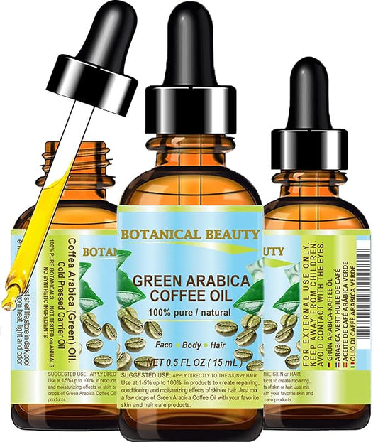 Botanical Beauty GREEN ARABICA COFFEE OIL Brazilian 100% Pure Virgin Unrefined for Face, Skin, Hair, Lip, Nails. Anti - Aging Face Oil (0.5 Fl Oz)