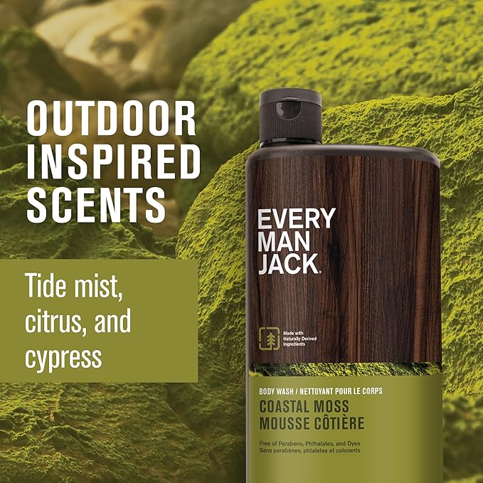 Every Man Jack Nourishing Coastal Moss Mens Body Wash for All Skin Types - Naturally Derived Ingredients - Cleanse and Hydrate Skin with Coconut and Glycerin - 24oz 2 Bottles