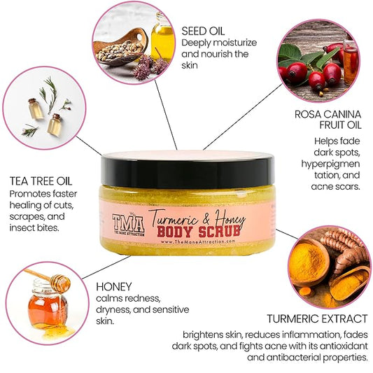 Turmeric Honey Body Scrub 8oz – Exfoliating Scrub for Dark Spots, Hyperpigmentation & Ingrown Hairs – Natural Brightening Face & Body Scrub with Tea Tree & Neem