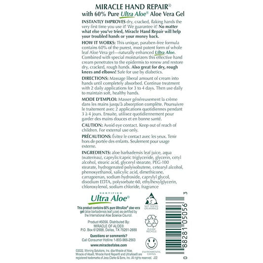 Miracle of Aloe’s Miracle Hand Repair Cream 4 oz Healing Aloe Vera Lotion for Dry, Cracked Hands with 60% Ultra Aloe Gel - Moisturizes, Softens, and Repairs - Non-Greasy (2-Pack)