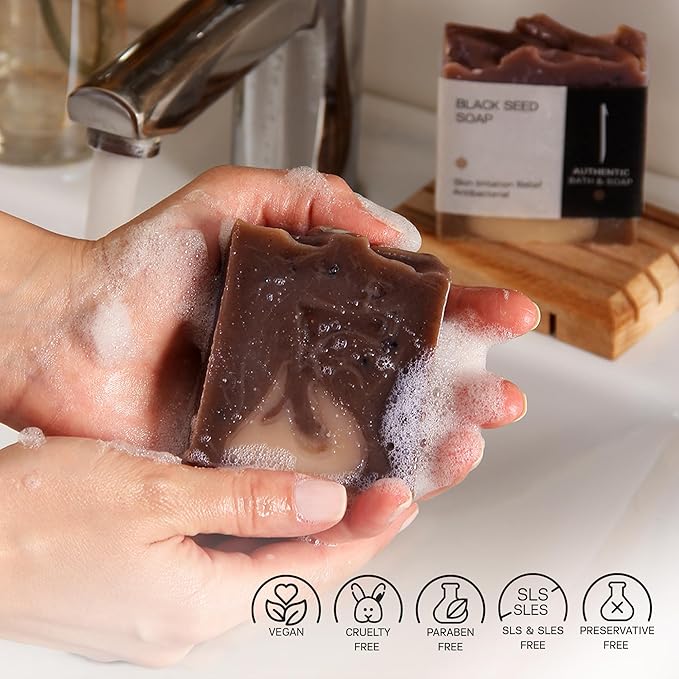 AUTHENTIC BATH & SOAP - Black Seed Oil Bar Soap (Handmade, 2 Pack) - Natural, Cold Processed, Deep Cleansing, Exfoliating Black Seed Grits, Moisturizing Vegan Soap Bar for Face, Body. 4.2 Oz Each