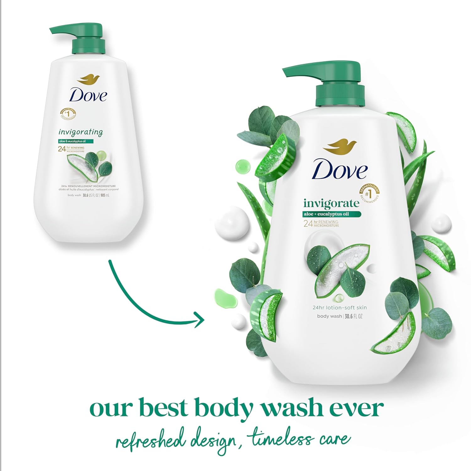 Body Wash with Pump Invigorate Aloe & Eucalyptus for 24Hr Lotion-Soft Skin Moisturizing Skin Cleanser with No Sulfates No Parabens 30.6 Oz