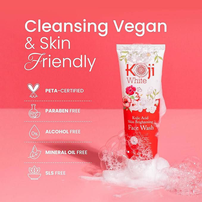 Koji White Kojic Acid Skin Brightening Face Wash for Exfoliating Face, Hydrating Face Moisturizer, Vegan Face Wash, Even Skin Tone with Vitamin C, Flower Extracts, Vitamin E, 2.54 Fl Oz