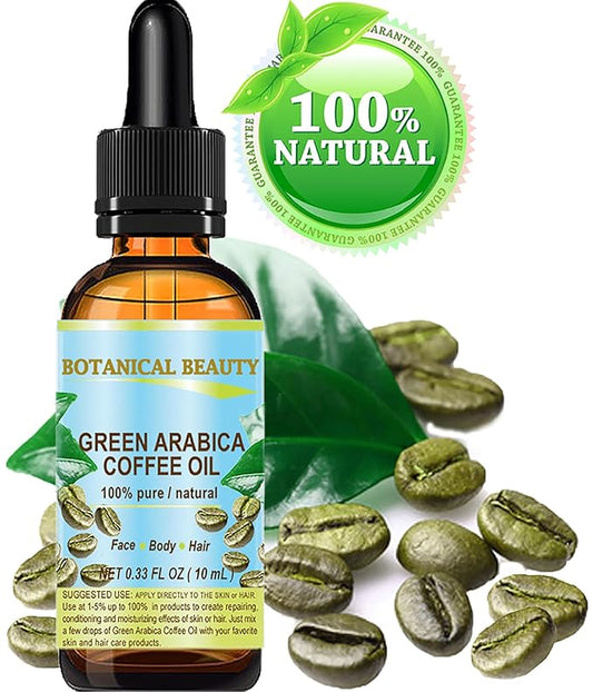 Botanical Beauty GREEN ARABICA COFFEE OIL Brazilian 100% Pure Virgin Unrefined for Face, Skin, Hair, Lip, Nails. Anti - Aging Face Oil (0.33 Fl Oz)