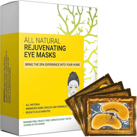 Under Eye Patches & Masks (18 Pairs) - All Natural anti Aging Treatment for Bags, Puffiness, Wrinkles, & Dark Circles - 24K Gold, Collagen, Hyaluronic Acid, Hydrogel - Formulated in San Francisco