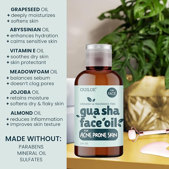 Gua Sha Oil for Face - Lymphatic and Anti Aging Facial Oil for Gua Sha Massage - Safe for Acne Prone Skin - Organic, Non Comedogenic, Fragrance Free, Lightweight - Use with Guasha Facial Tools, 2oz