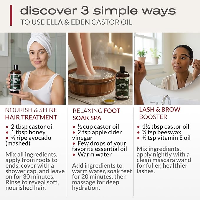 Ella & Eden Organic Castor Oil – Dark Plastic Bottle, Cold-Pressed Hexane-Free Unrefined| For Hair Growth, Skin and Face | USDA Certified & 100% Pure | 32 fl oz
