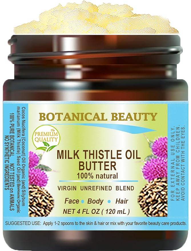 Botanical Beauty MILK THISTLE OIL BUTTER Silybum marianum 100% Natural for FACE, SKIN, BODY, HAIR, NAILS, Foot Care. Foot Oil butter, Skin Moisturizer (4 Fl Oz)