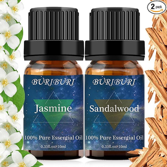 BURIBURI Sandalwood Jasmine Oil Gift Set, 100% Pure, Undiluted, Aromatherapy Essential Oils, 10MLx2