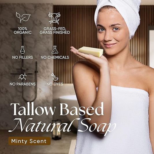Beef Tallow Soap Bar Grass Fed – Organic Body Soaps, Face Tallow Soap Bar for Women – All Natural Soaps for Sensitive Skin, Moisturizing & Nourishing Cleanser for All Skin Types, In Minty Scent