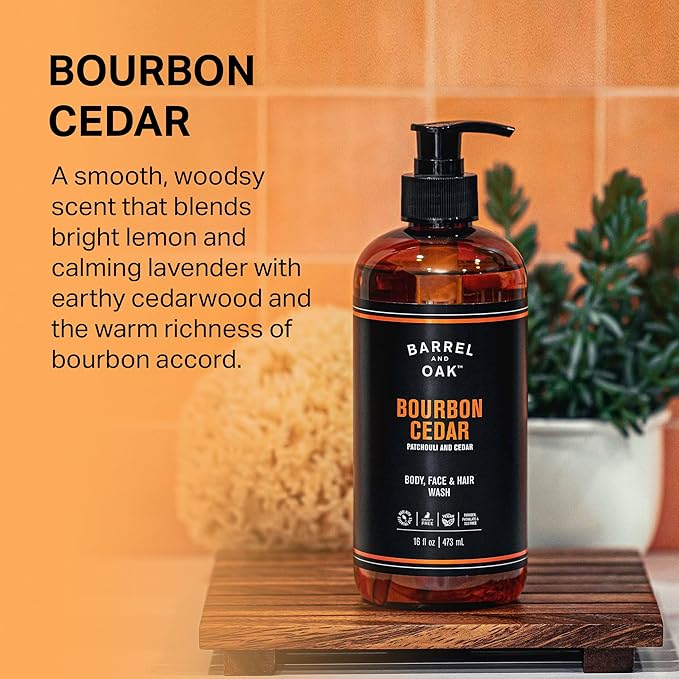 Barrel and Oak - All-In-One Body Wash, Men's Soap for Hair, Face, & Body, Essential Oil-Based Scent, Cedarwood & Bourbon, Vegan (Bourbon Cedar, 16 oz)