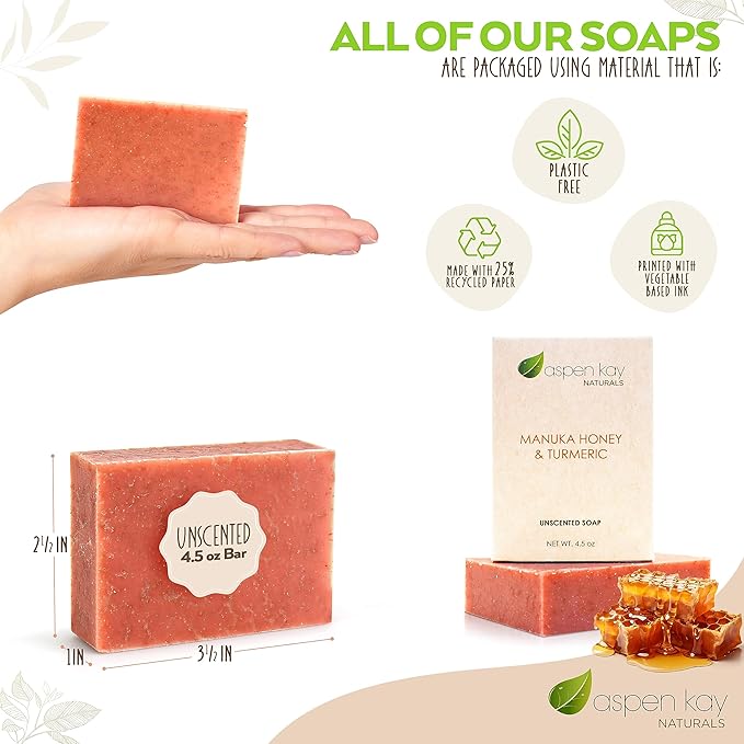 Turmeric and Manuka Honey Soap Bar for Body & Face, Natural Turmeric Soap with Organic Aloe Vera, Shea Butter & Calendula - Gentle For All Skin Types, Unscented 4.5 oz Bar.