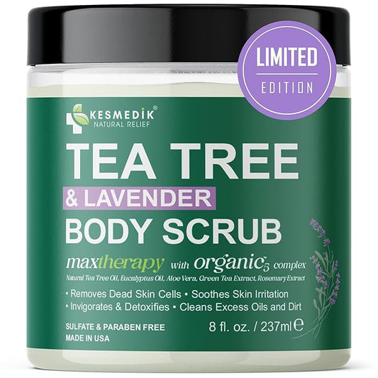 Tea Tree Oil Body & Foot Scrub, Himalayan Salt Exfoliating Scrub, with Stem Cells, Collagen & Shea Butter, Lavender Scent, Moisturizes, Removes Dead Skin, Rough Patches & Impurities.