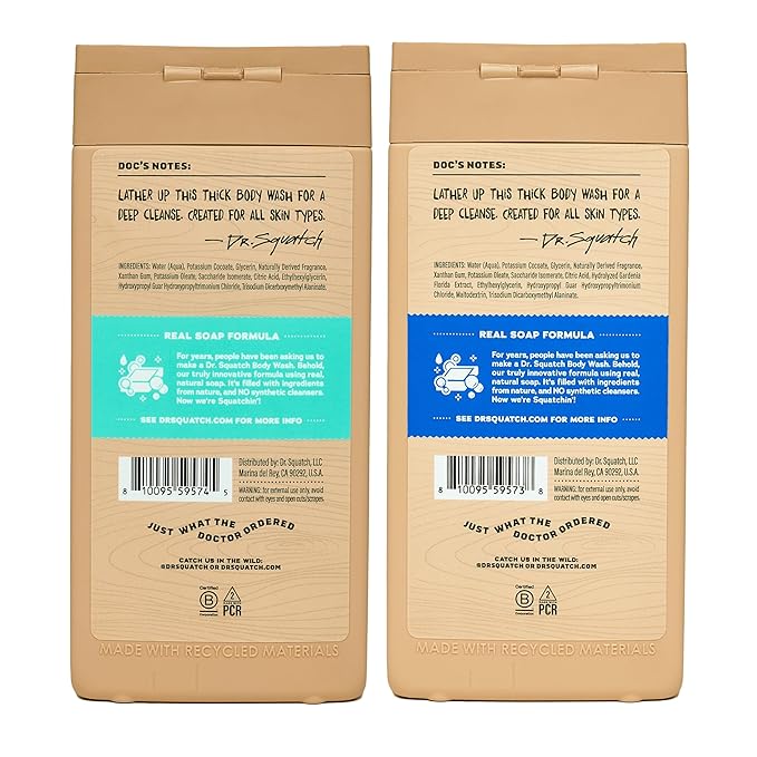 Dr. Squatch NEW Body Wash for Men with Nourishing, Natural Ingredients | No Paraben, Phthalate, Sulfate | All Day Moisture | Long Lasting Scent | Fresh Falls & Coconut Castaway (14 oz, 2-Pack)