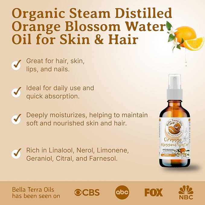 Bella Terra Oils - Organic Neroli Water 16oz - Refreshing Orange Blossom Mist, Naturally Distilled & Rich in Botanical Essence