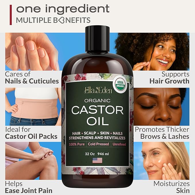 Ella & Eden Organic Castor Oil – Dark Plastic Bottle, Cold-Pressed Hexane-Free Unrefined| For Hair Growth, Skin and Face | USDA Certified & 100% Pure | 32 fl oz