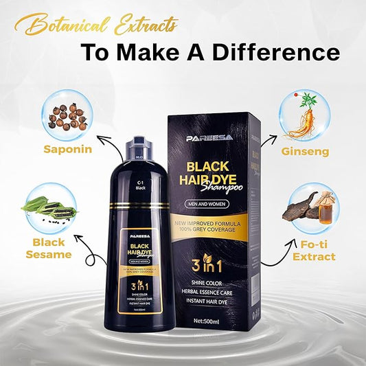 Hair Dye Shampoo 3 in 1 for Gray Hair Shampoo Para Canas Mujer Hair Color Shampoo for Women & Men - Herbal Ingredients Natural Plant Hair Dye 500ML (Black)