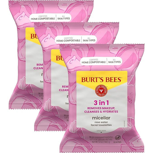 Burt’s Bees Micellar Rose Water Facial Towelettes, 100% Plant Based Cloth; 99% Natural Origin; Remove Makeup, Cleanse, Hydrate; No Greasy, Oily Residue; All Skin Types (Pack May Vary)