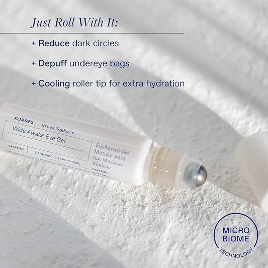 KORRES Greek Yoghurt Wide Awake Eye Gel Serum with Hyaluronic Acid and Caffeine for Dark Circles, Puffy Eyes and Under Eye Bags, Roller Massage Ball Applicator, Brightening and Hydrating, 0.51 fl oz