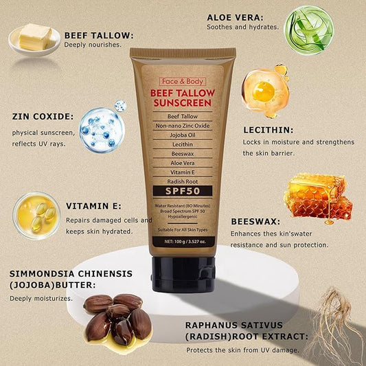 Beef Tallow Sunscreen for Face Body,Tallow Sunscreen SPF 50 Water-Resistant for Summer Outdoor Travel 3.52 OZ
