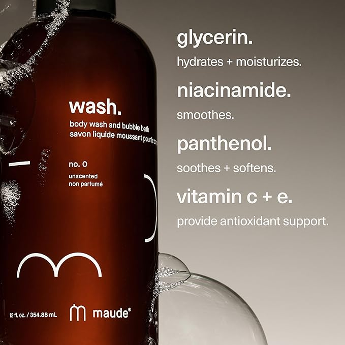 MAUDE Wash No. 0 - pH Balanced Moisturizing Body Wash & Bubble Bath - With Vitamin C & E for Whole-Body Skin & Feminine Care - Skin-Softening Shower Gel - Unscented (12 fl oz)