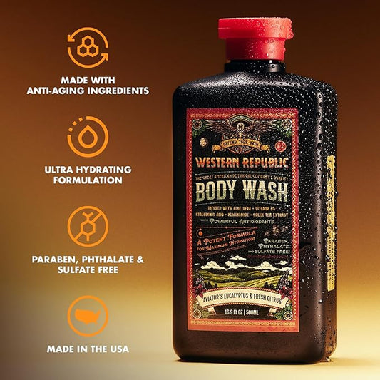 Men's Body Wash | Aviator's Eucalyptus & Fresh Citrus Scent | Hydrating & Anti-Aging Formula with Aloe, Niacinamide & Hyaluronic Acid (2 Pack) | Made in USA