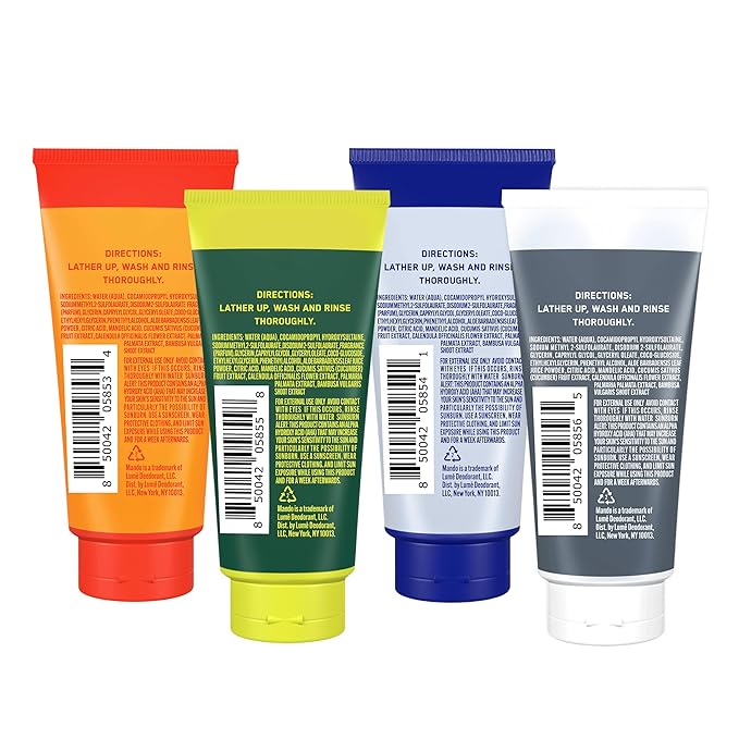 Mando Mini Body Wash - 24 Hour Odor Control - Removes Odor Better than Soap - 1.5 Ounce Tubes (Pack of 4, in 4 scents: Bourbon Leather, Pro Sport, Mt Fuji, Unscented)