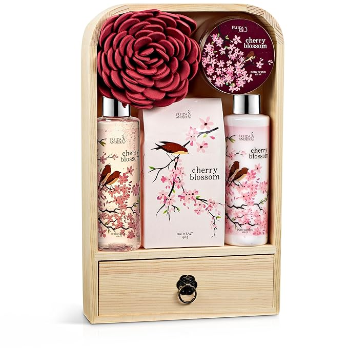 Elegant Modern Cherry Blossom Bath and Body Gift Set - 6pc Home Spa Set with Shower Gel, Body Lotion, Bath Salt, Body Scrub & Pouf in Wooden Curio